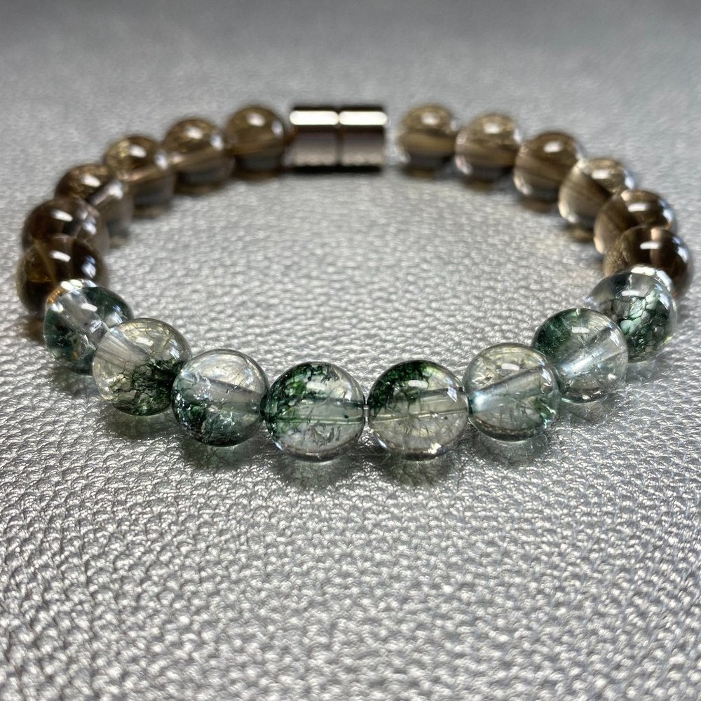 Natural Green Phantom Quartz & Smoky Quartz Gemstone bead Bracelet Luck& Success